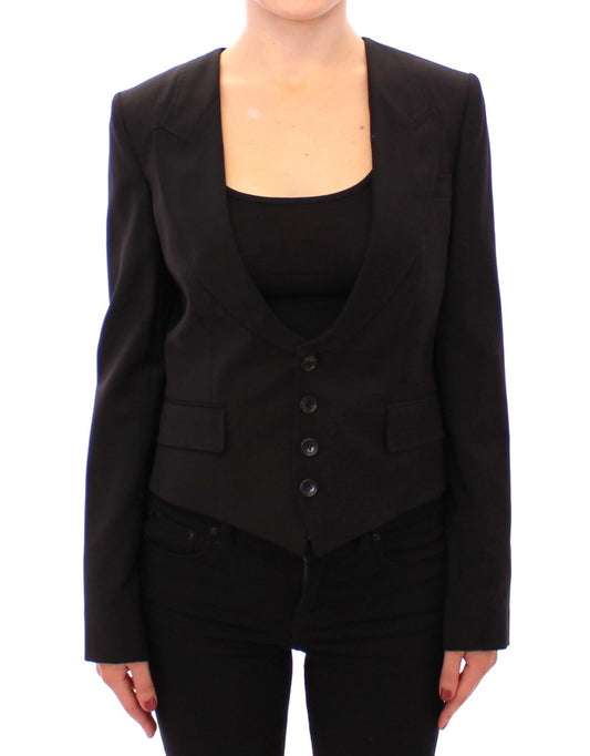 Elegante blazer negro de mezcla de seda con detalle de pañuelo en la espalda