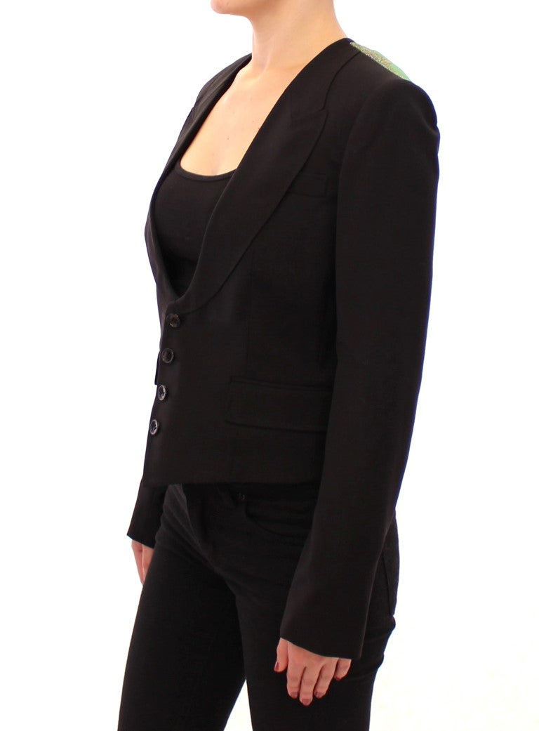 Elegante blazer negro de mezcla de seda con detalle de pañuelo en la espalda