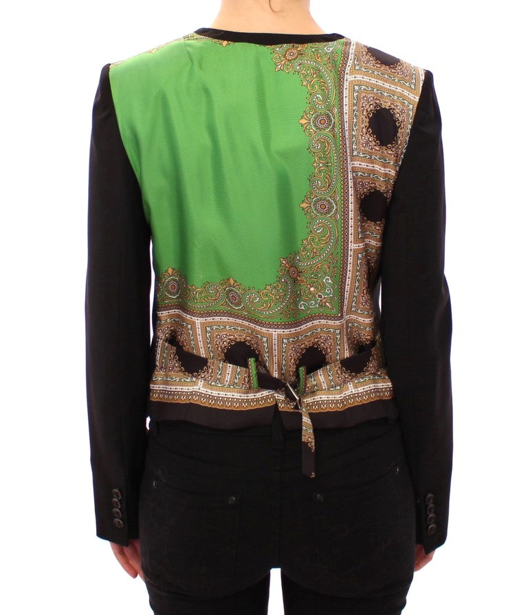 Elegante blazer negro de mezcla de seda con detalle de pañuelo en la espalda
