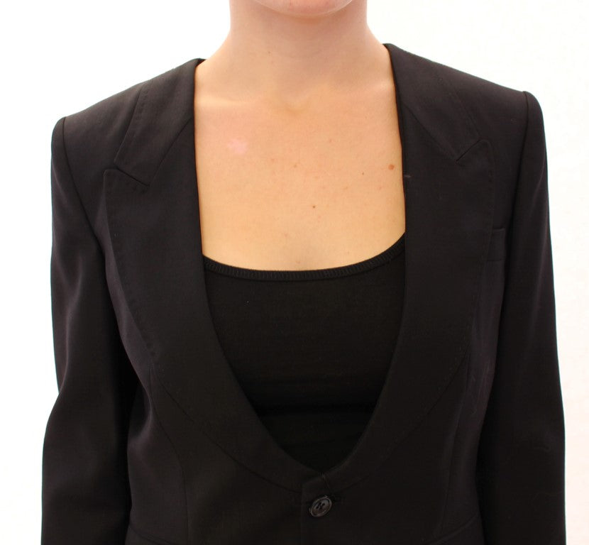 Elegante blazer negro de mezcla de seda con detalle de pañuelo en la espalda