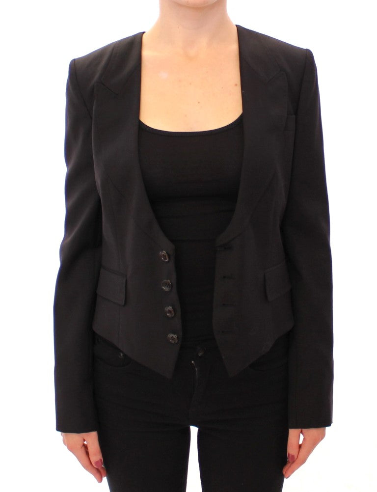 Elegante blazer negro de mezcla de seda con detalle de pañuelo en la espalda