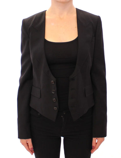 Elegante blazer negro de mezcla de seda con detalle de pañuelo en la espalda