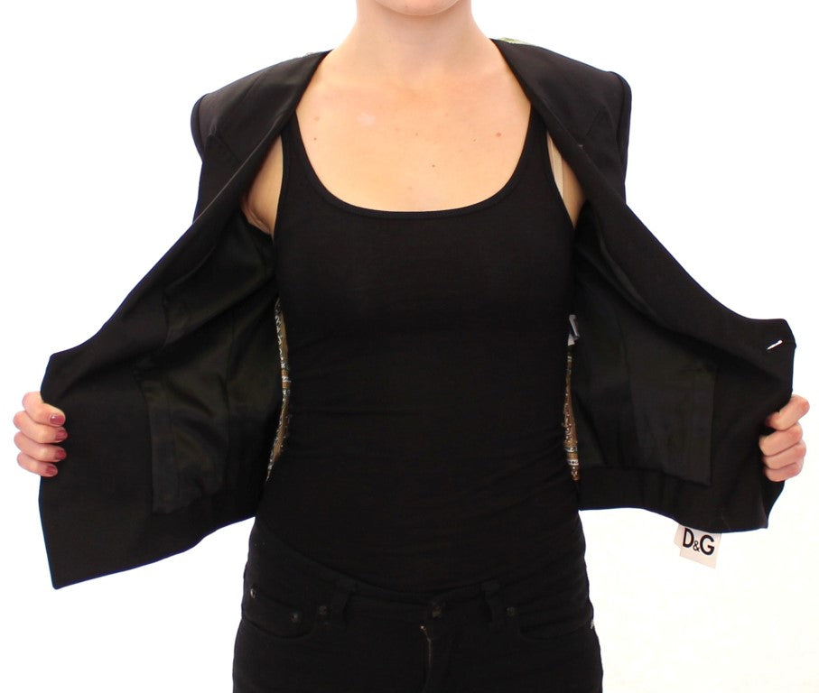 Elegante blazer negro de mezcla de seda con detalle de pañuelo en la espalda