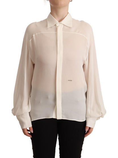 Elegante blusa de seda color blanco roto de manga larga