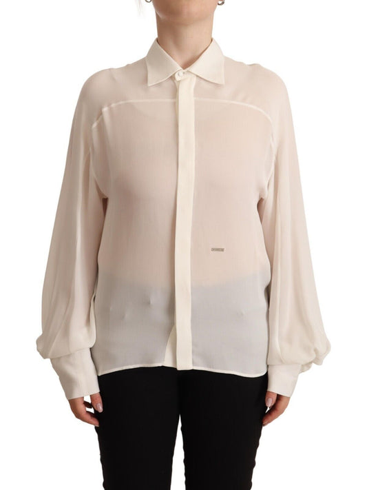 Elegante blusa de seda color blanco roto de manga larga