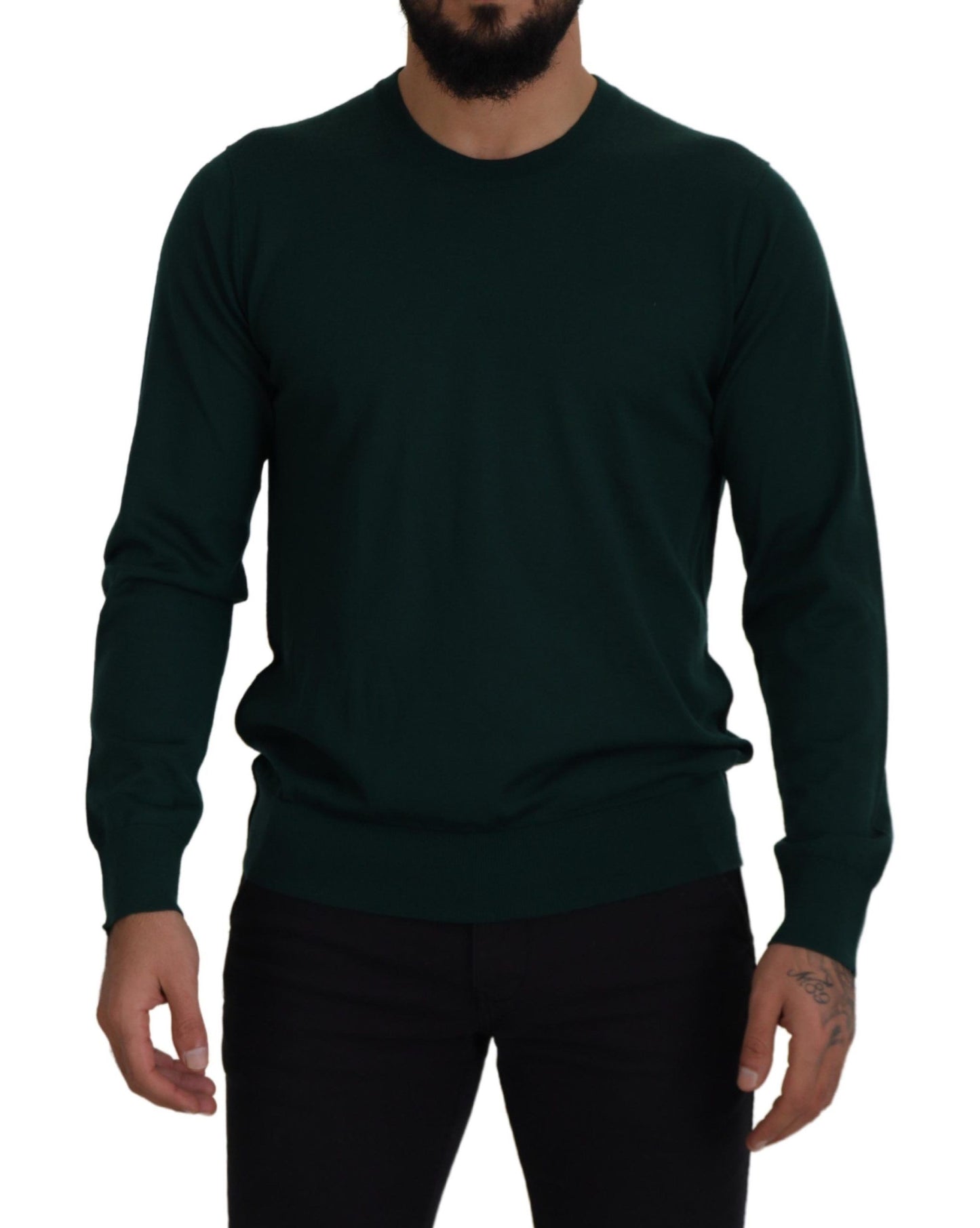 Elegante suéter de cachemira verde con cuello redondo