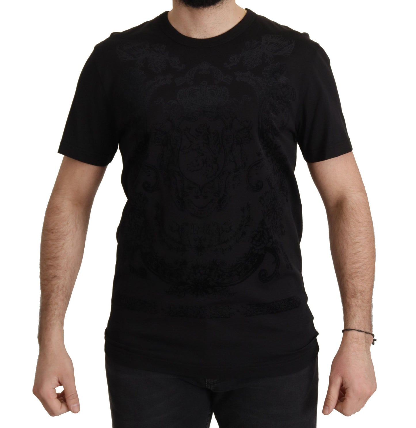 Elegante camiseta negra barroca de cuello redondo