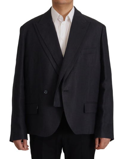 Blazer elegante de lino azul marino con doble botonadura