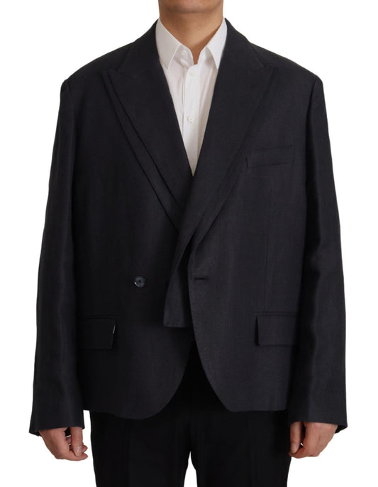 Blazer elegante de lino azul marino con doble botonadura