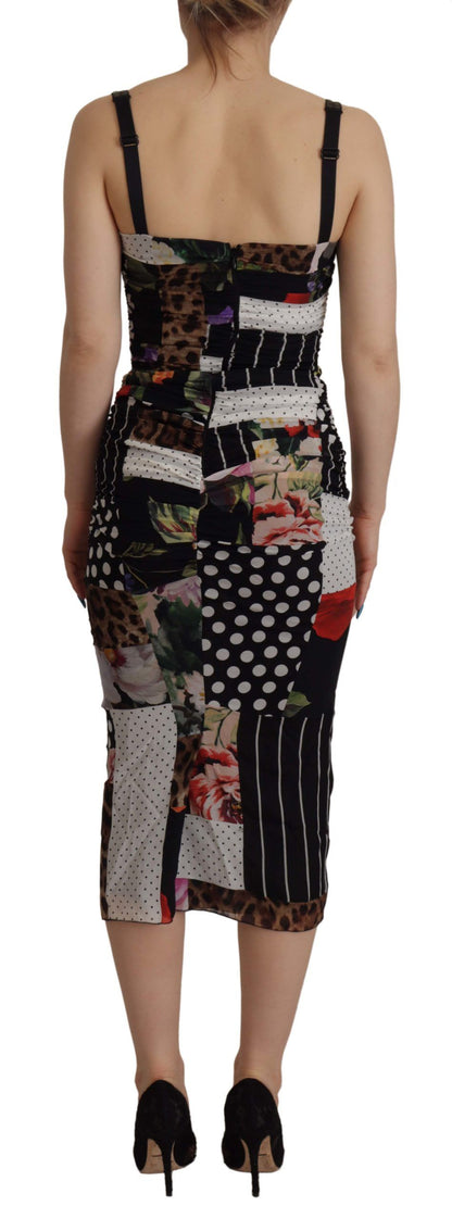 Elegante vestido midi de mezcla de seda con patchwork