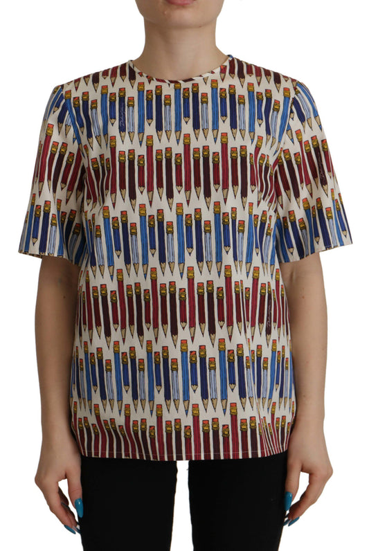 Blusa elegante de manga corta con estampado de lápiz blanco