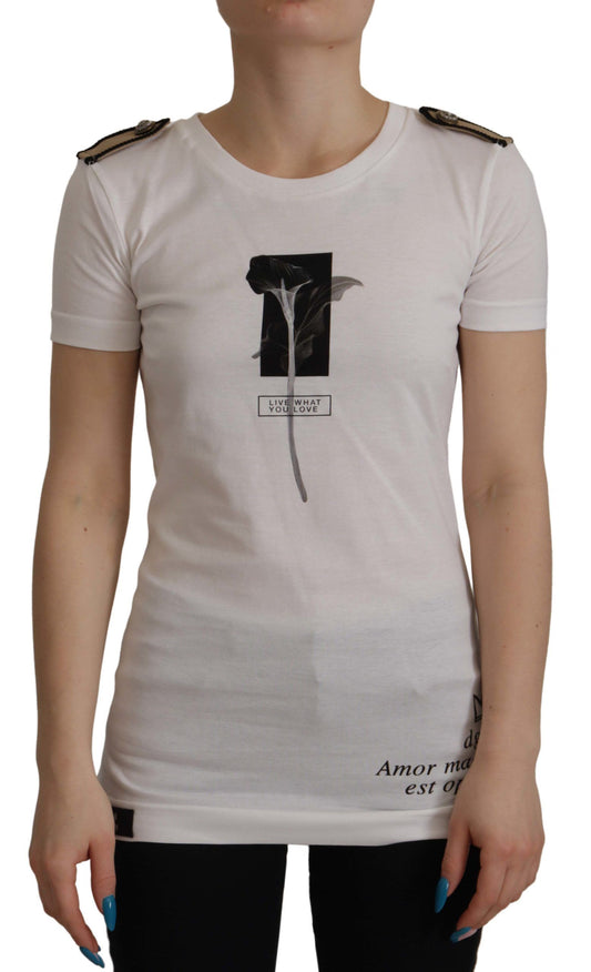 Elegante camiseta de algodón con cuello redondo y estampado floral