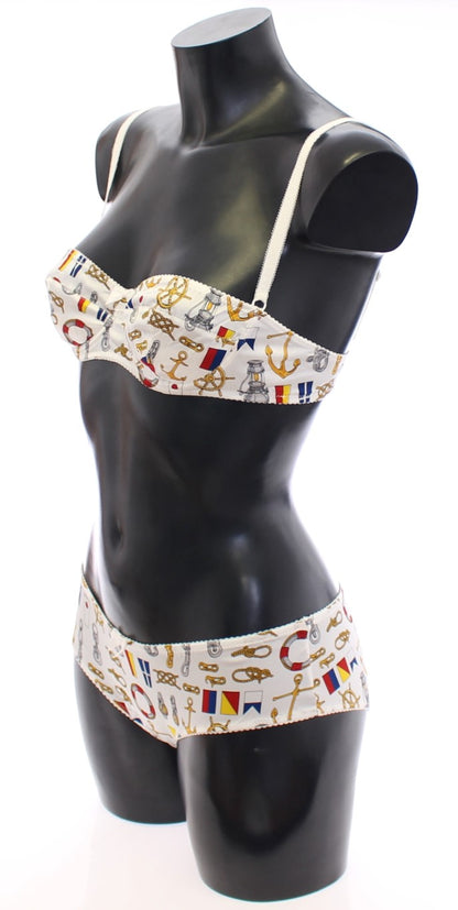 Elegante conjunto de lencería con estampado marinero blanco