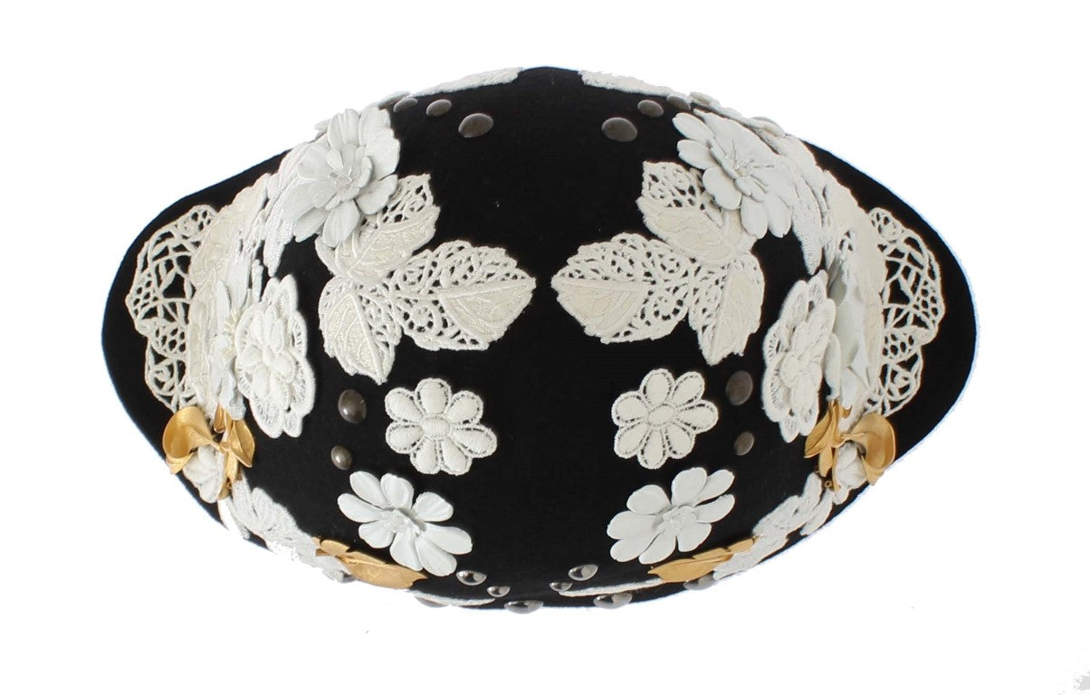 Elegante sombrero cloche de lana con estampado floral negro