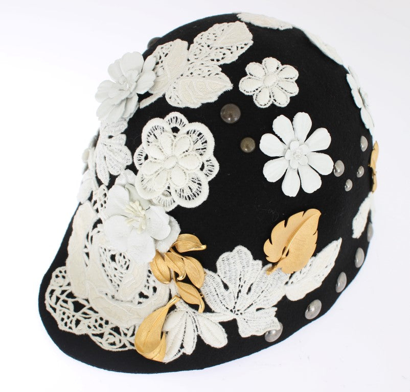 Elegante sombrero cloche de lana con estampado floral negro