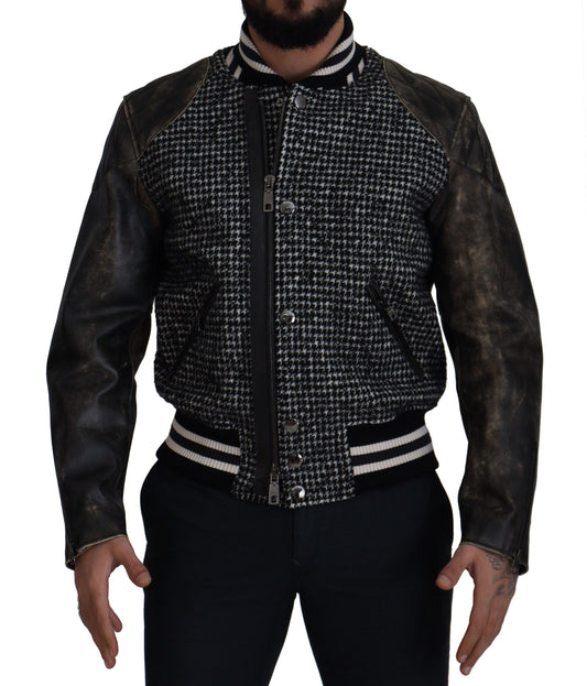 Chaqueta bomber de cuero con estampado de pata de gallo multicolor