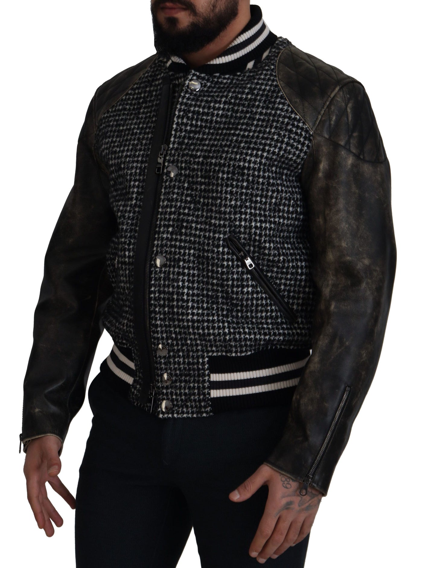 Chaqueta bomber de cuero con estampado de pata de gallo multicolor
