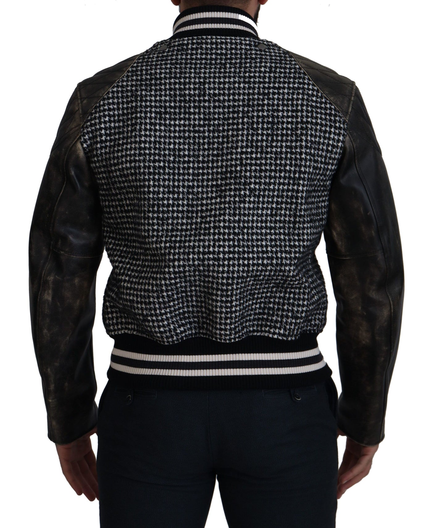 Chaqueta bomber de cuero con estampado de pata de gallo multicolor