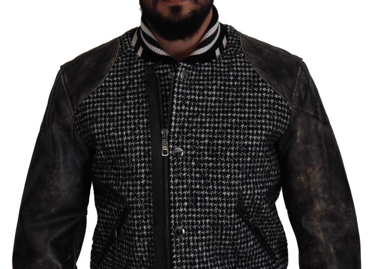 Chaqueta bomber de cuero con estampado de pata de gallo multicolor