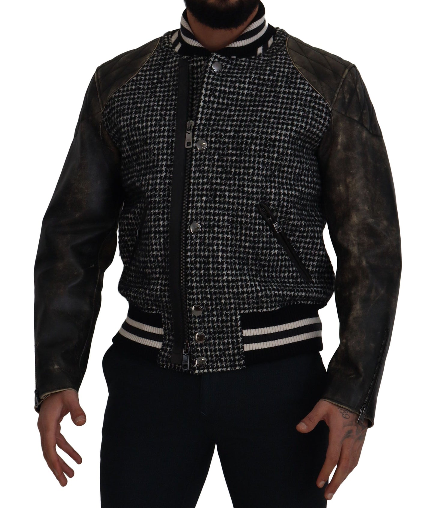 Chaqueta bomber de cuero con estampado de pata de gallo multicolor