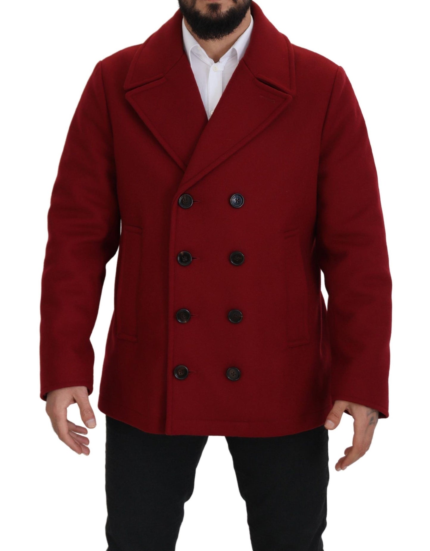 Elegante chaqueta roja cruzada de lana