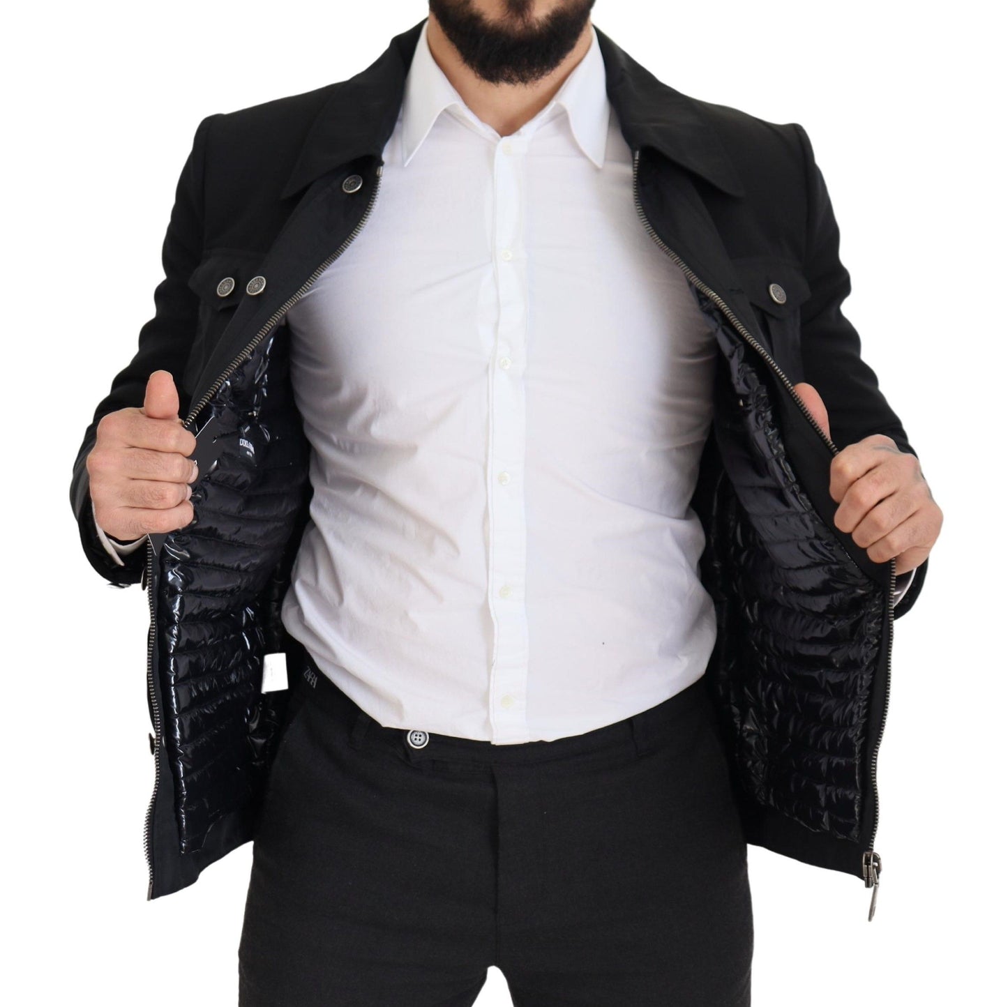 Chaqueta elegante de mezcla de lana negra con cremallera completa