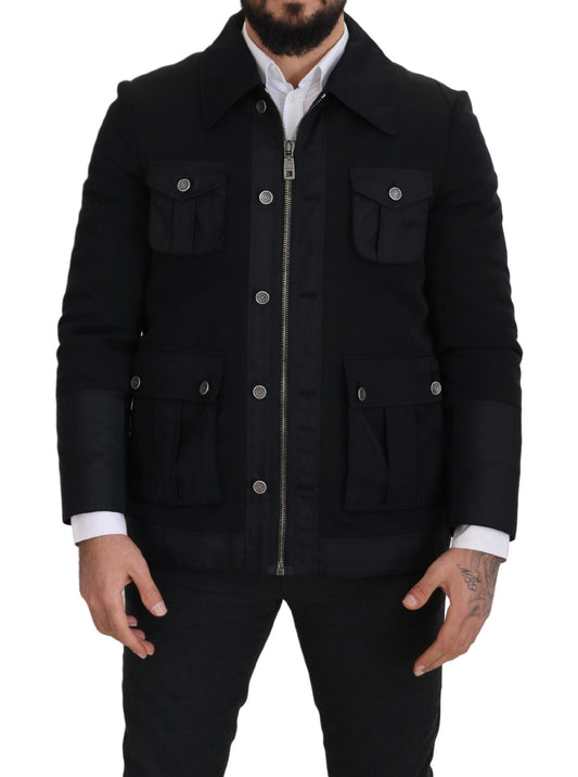 Chaqueta elegante de mezcla de lana negra con cremallera completa