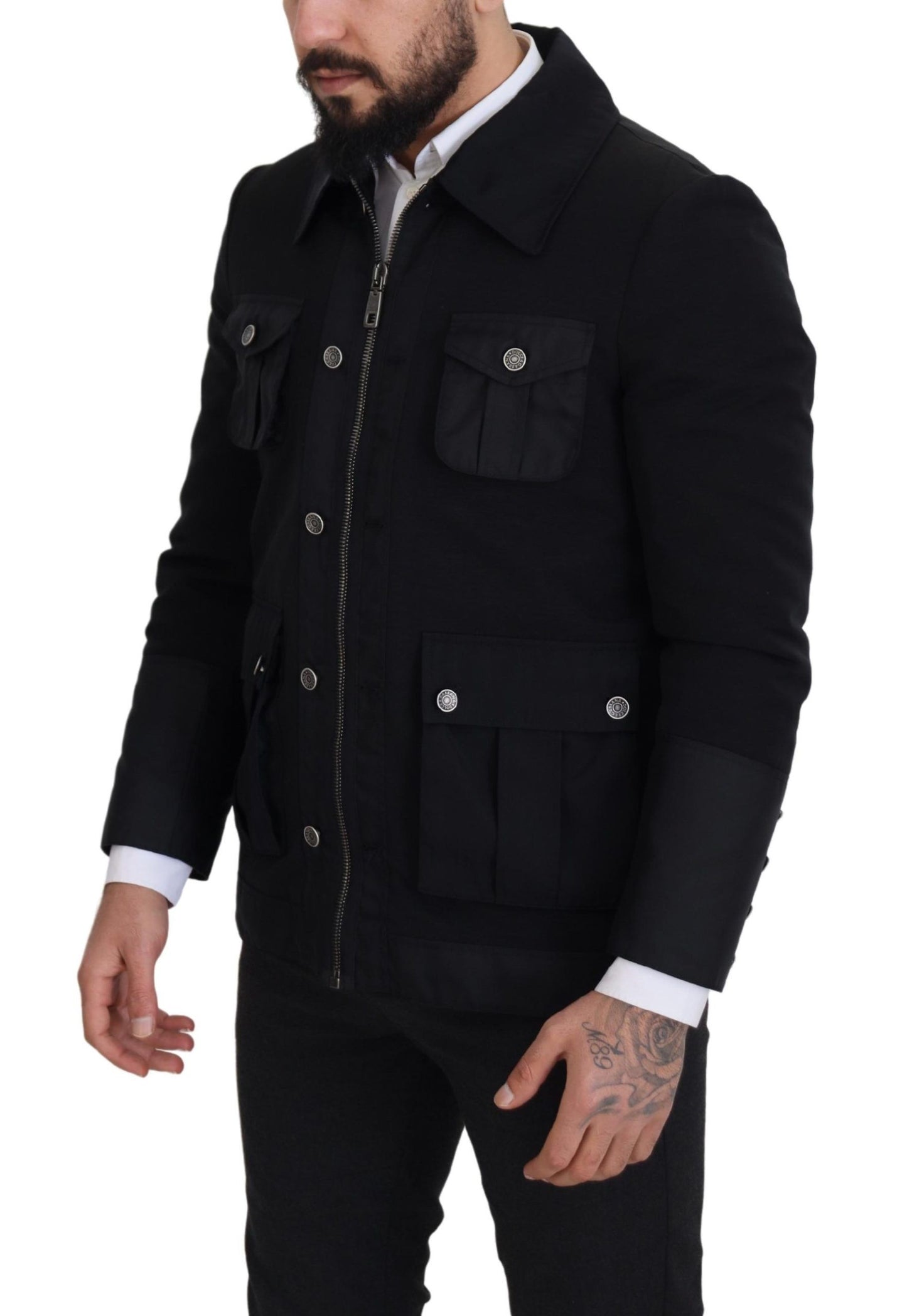 Chaqueta elegante de mezcla de lana negra con cremallera completa