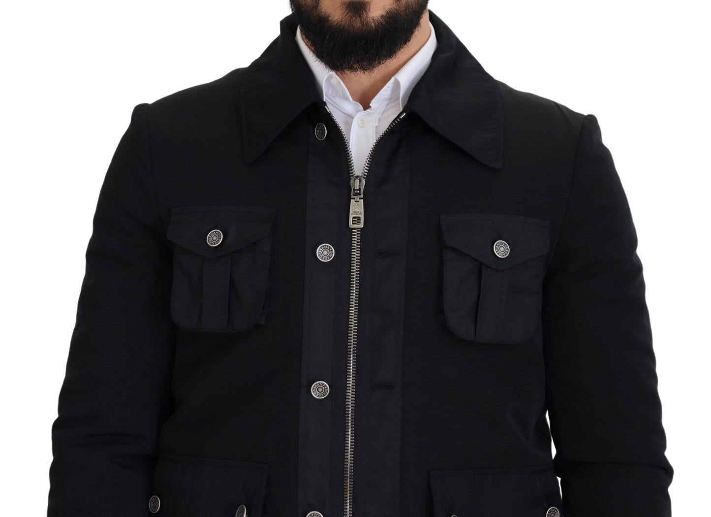 Chaqueta elegante de mezcla de lana negra con cremallera completa
