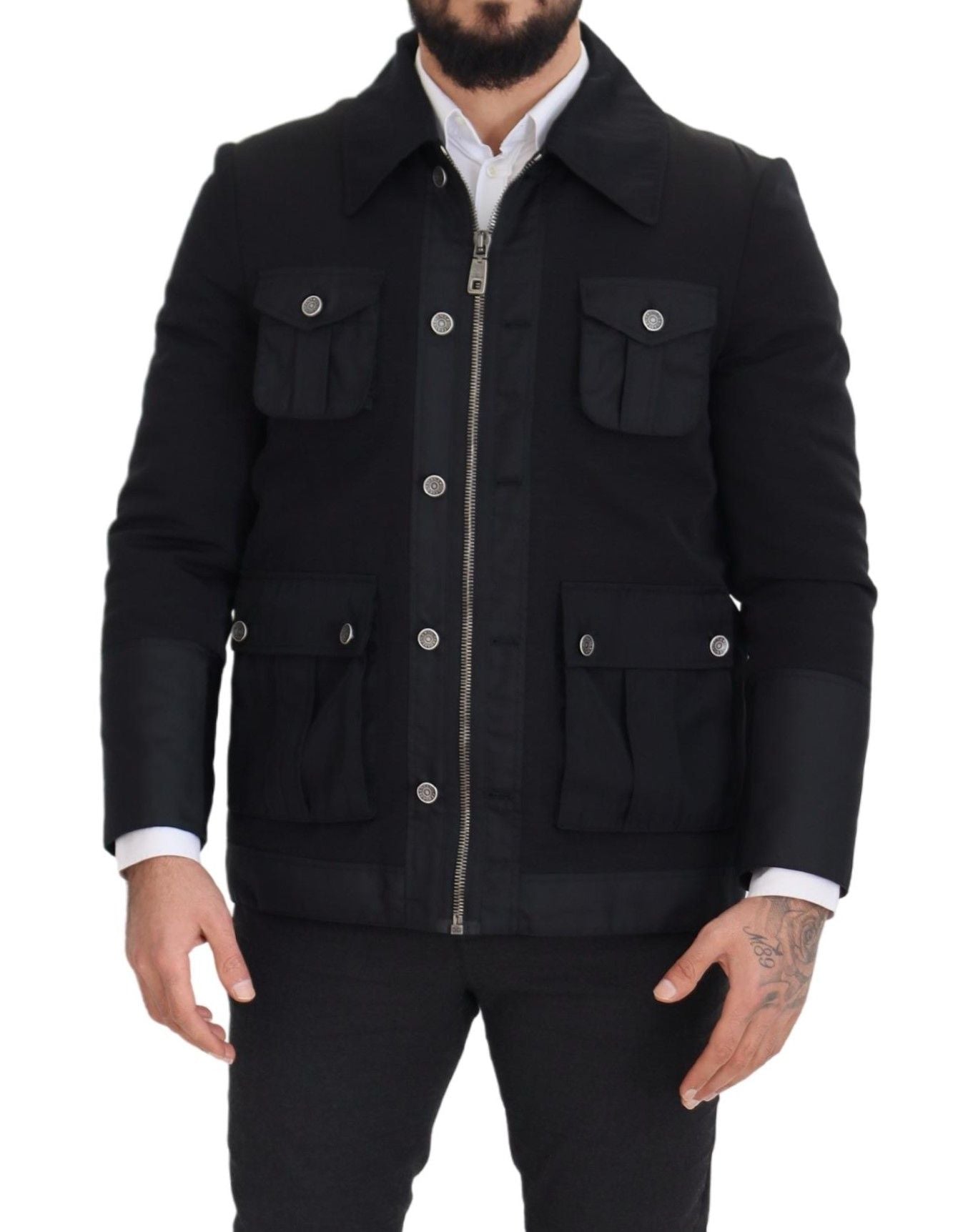 Chaqueta elegante de mezcla de lana negra con cremallera completa