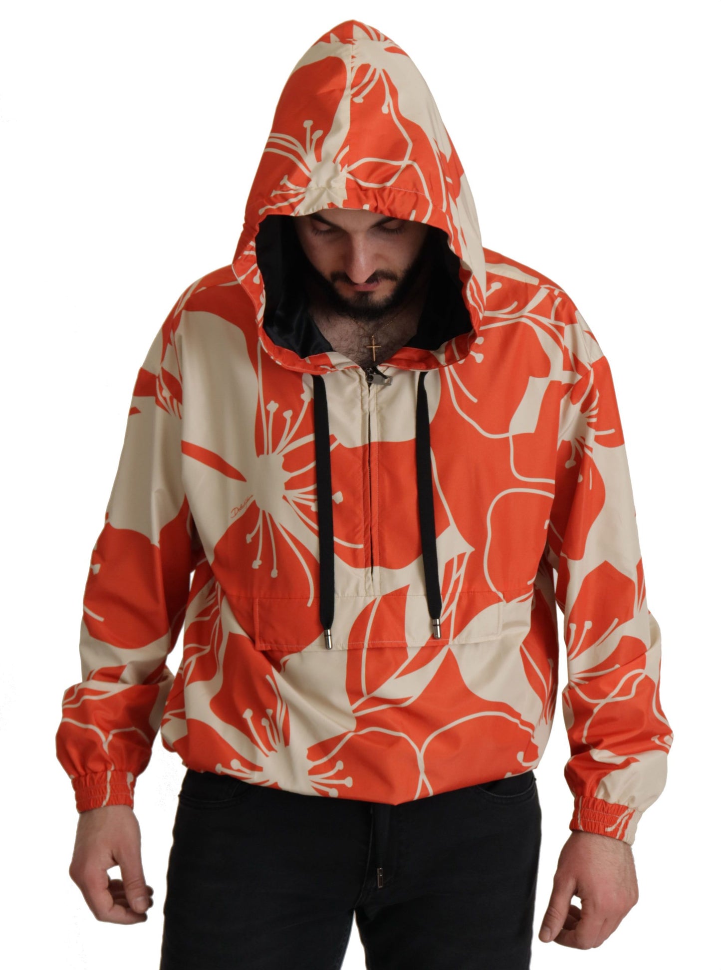 Elegante suéter con capucha y cremallera floral