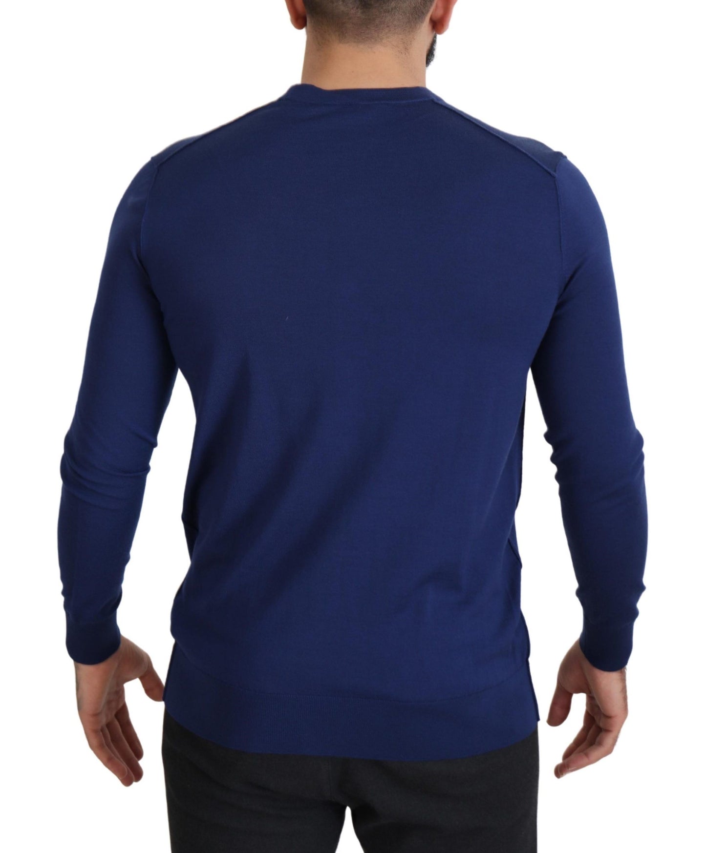 Elegante suéter tipo cárdigan azul de lana virgen