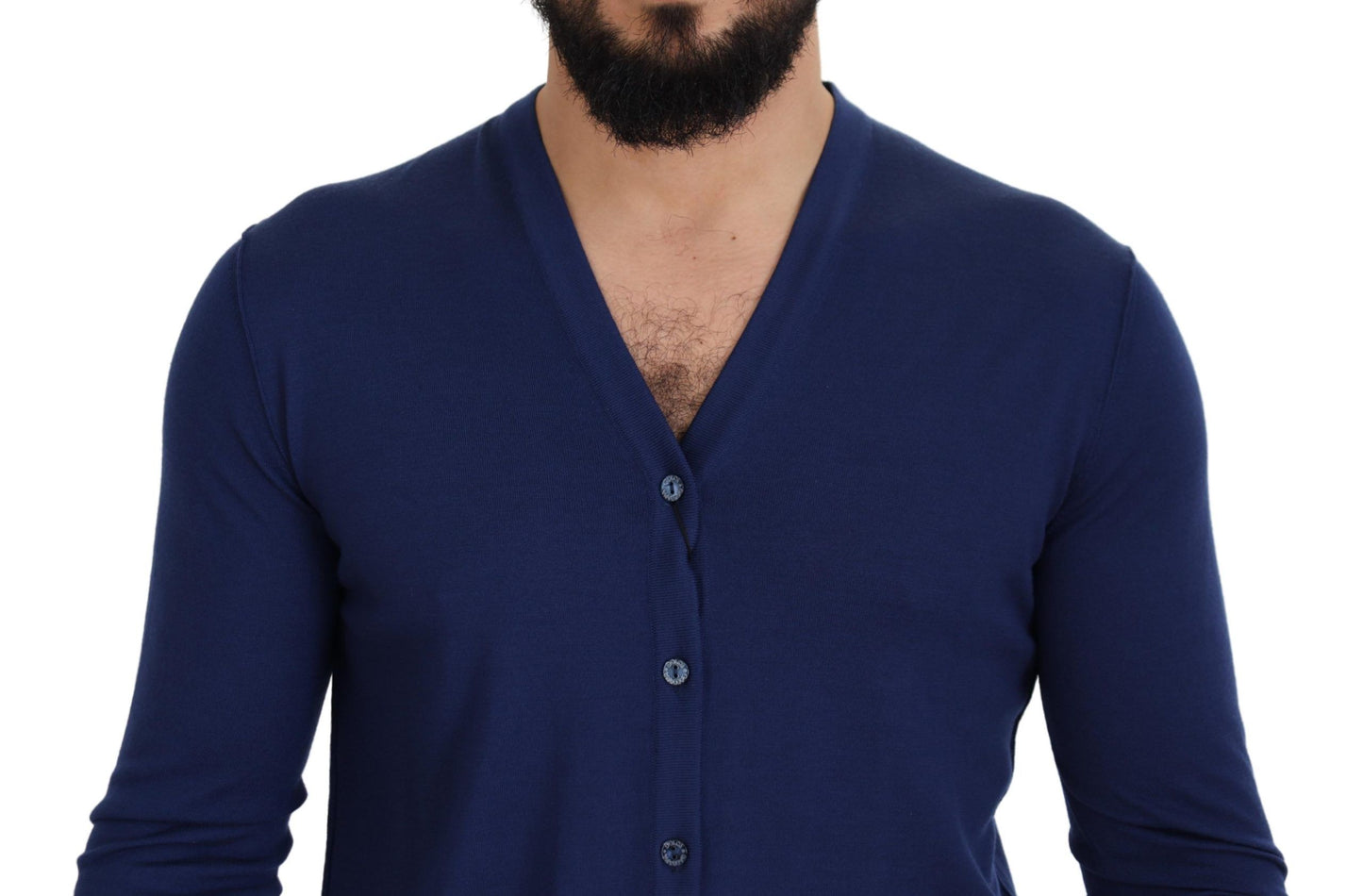 Elegante suéter tipo cárdigan azul de lana virgen