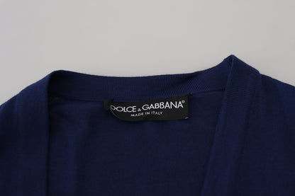 Elegante suéter tipo cárdigan azul de lana virgen