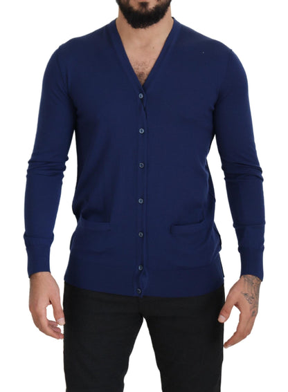 Elegante suéter tipo cárdigan azul de lana virgen