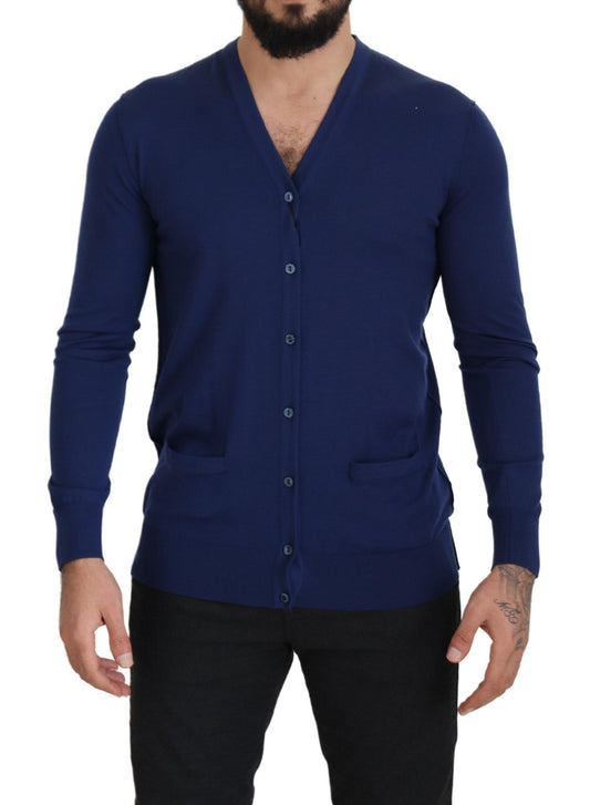 Elegante suéter tipo cárdigan azul de lana virgen