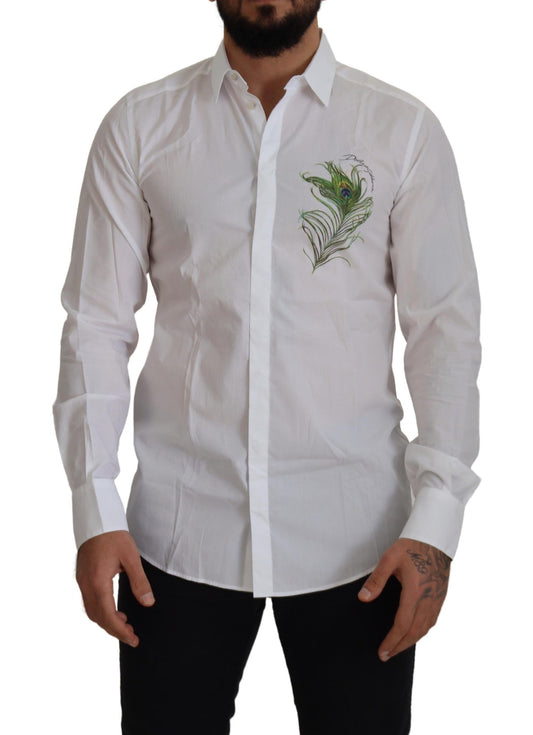 Camisa elegante de vestir con plumas de pavo real blancas