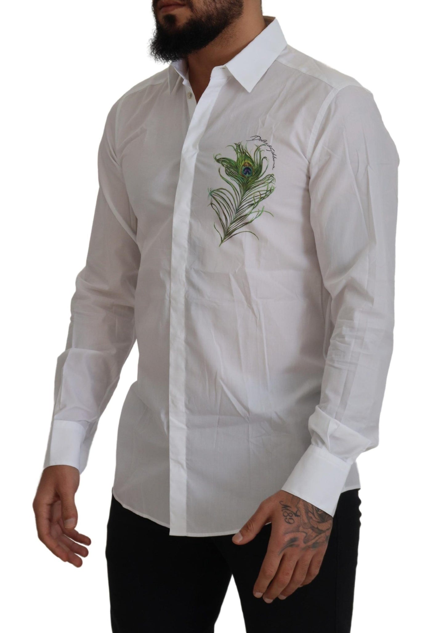 Camisa elegante de vestir con plumas de pavo real blancas