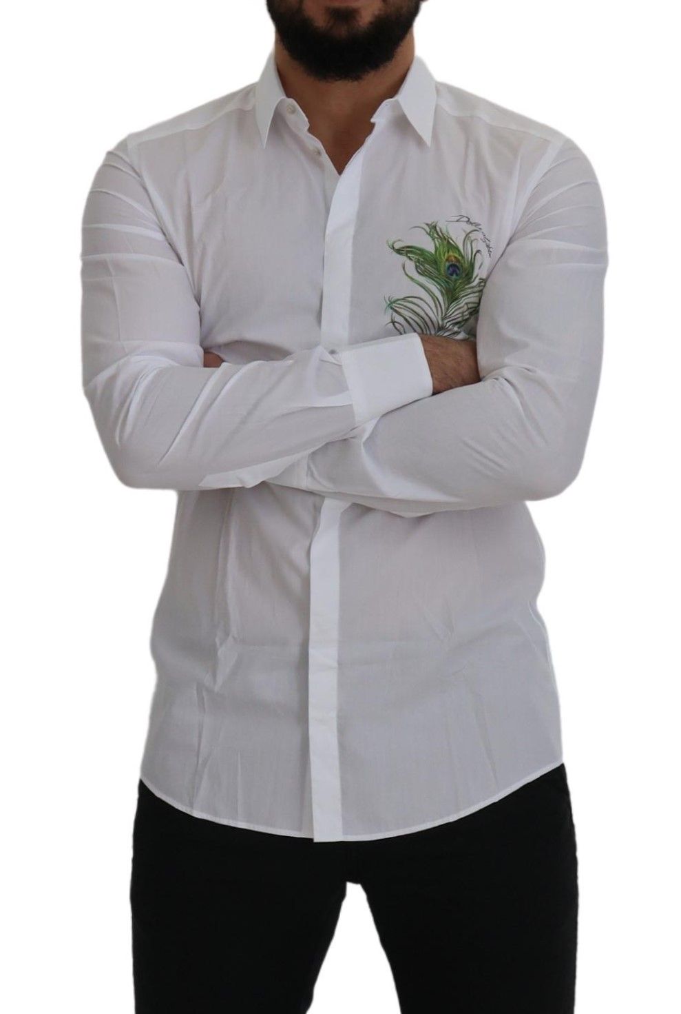 Camisa elegante de vestir con plumas de pavo real blancas