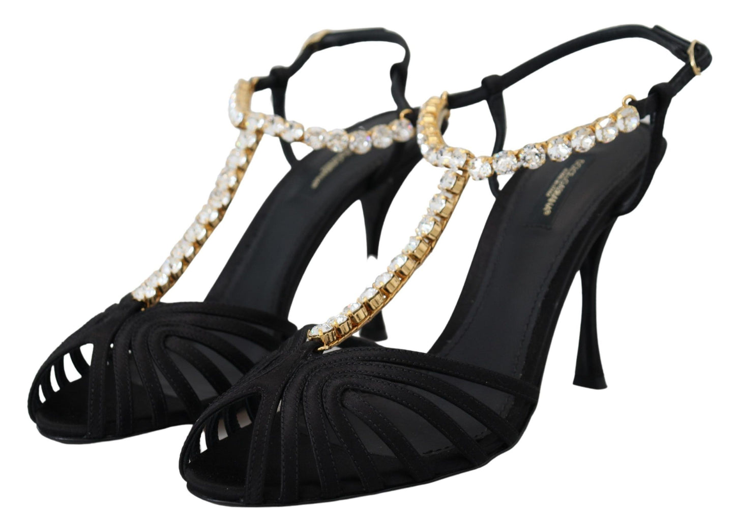 Elegantes tacones con tiras en T y cristales en mezcla de seda