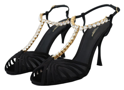 Elegantes tacones con tiras en T y cristales en mezcla de seda