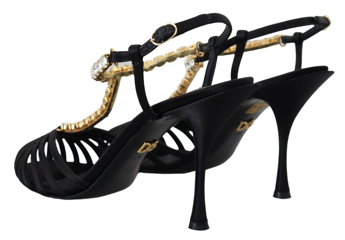 Elegantes tacones con tiras en T y cristales en mezcla de seda
