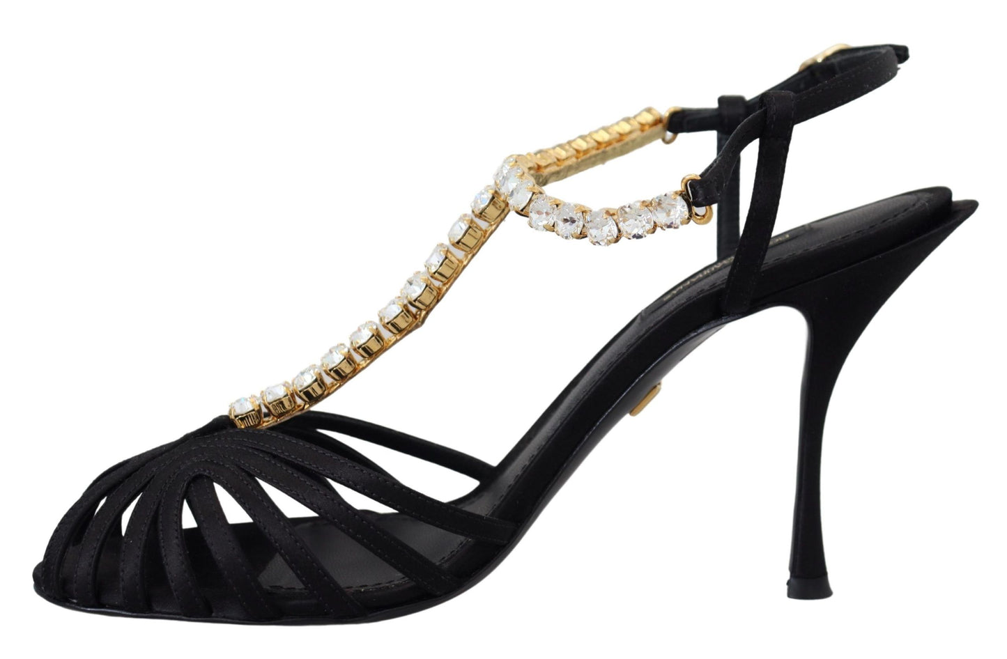 Elegantes tacones con tiras en T y cristales en mezcla de seda