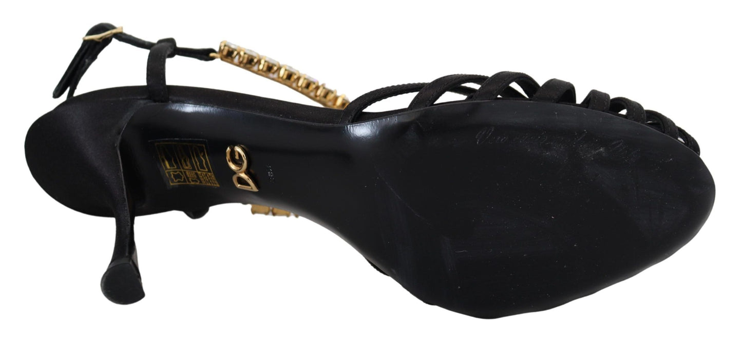 Elegantes tacones con tiras en T y cristales en mezcla de seda
