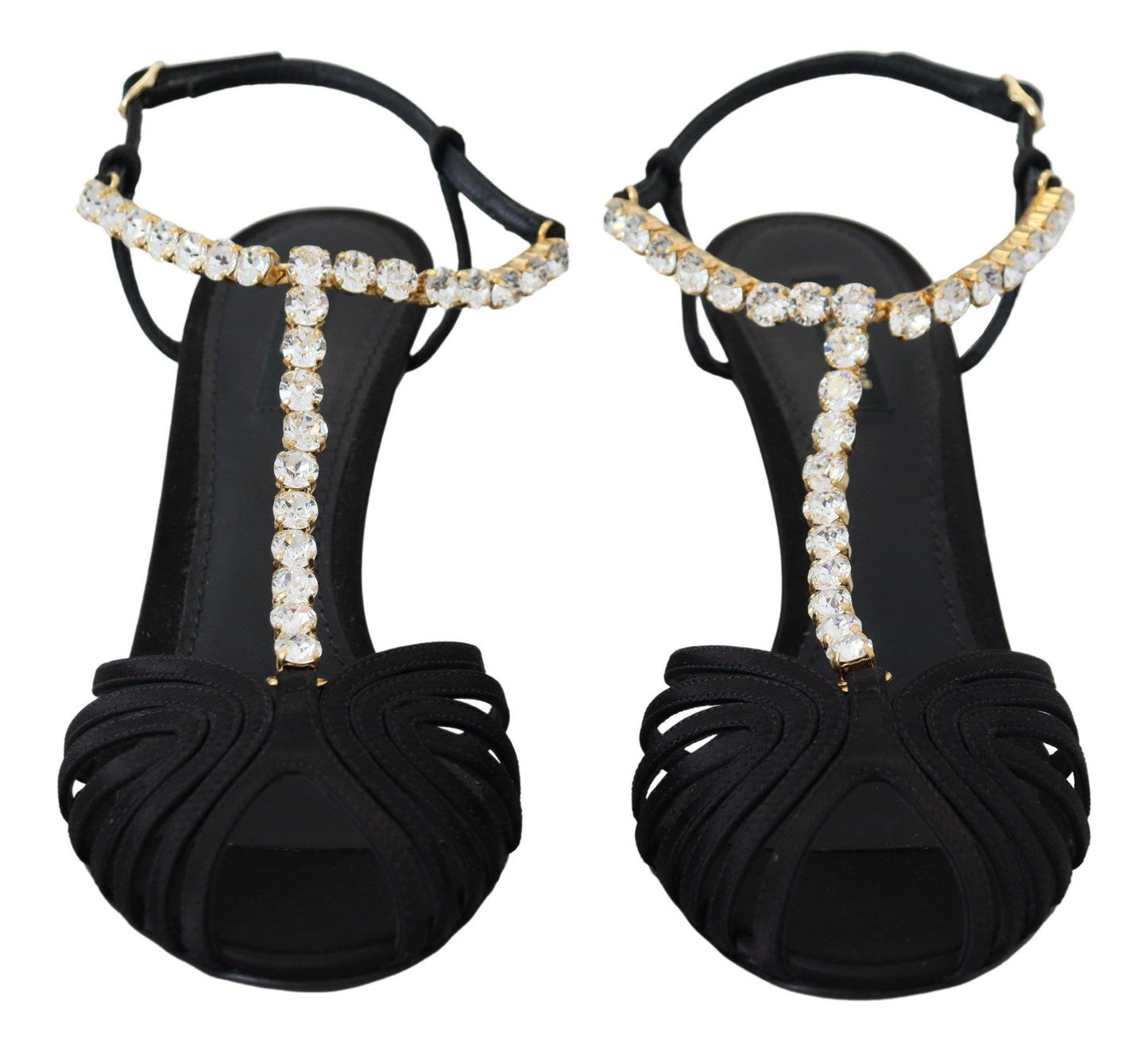 Elegantes tacones con tiras en T y cristales en mezcla de seda