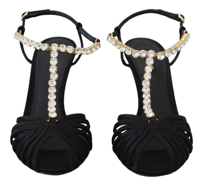 Elegantes tacones con tiras en T y cristales en mezcla de seda