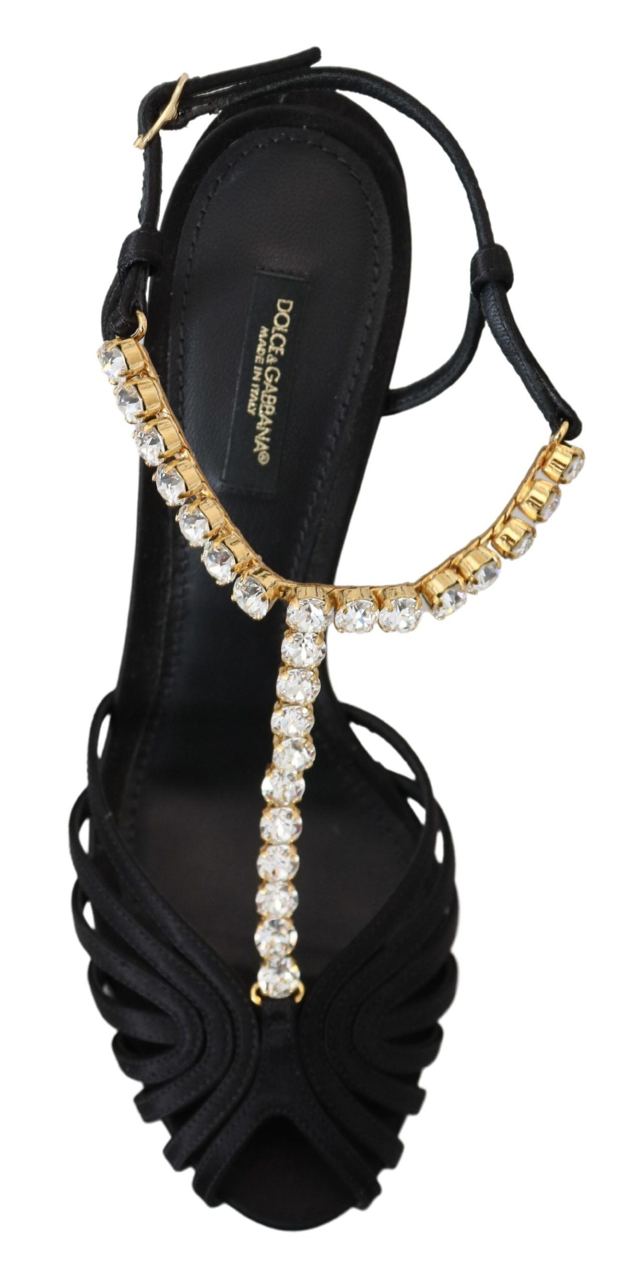Elegantes tacones con tiras en T y cristales en mezcla de seda