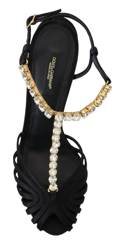 Elegantes tacones con tiras en T y cristales en mezcla de seda