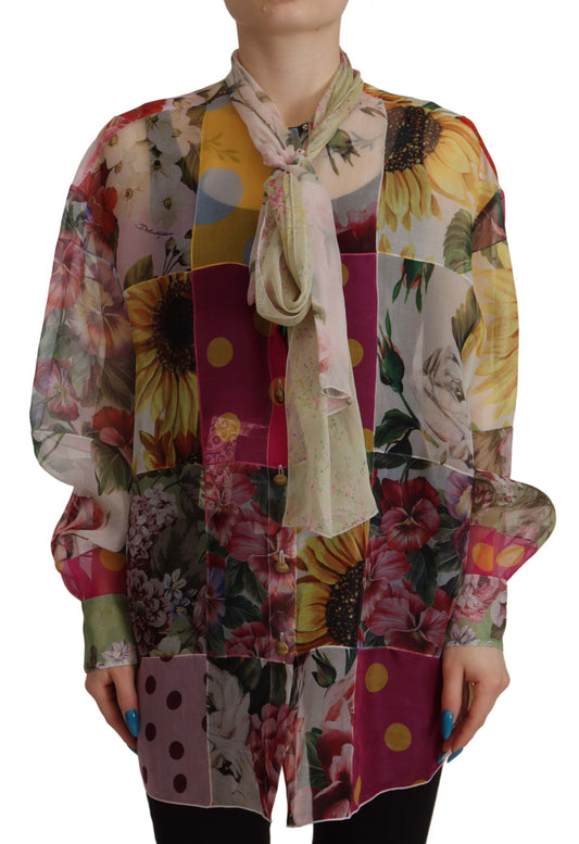 Blusa de seda multicolor con cuello Ascot