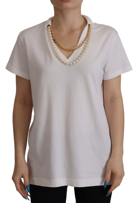 Impresionante camiseta con escote en V y logo adornado